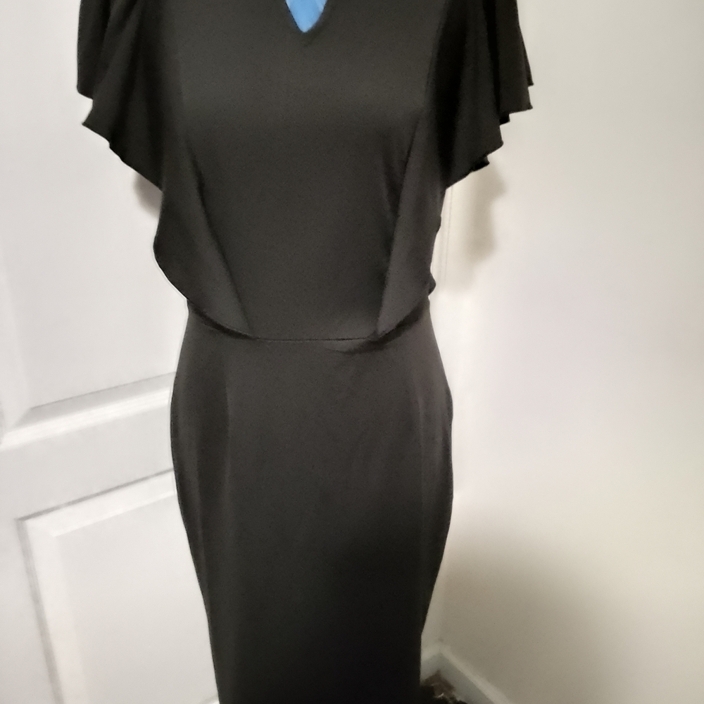 Black Sheath Midi Dress with V-Neck and Flutter Sleeves